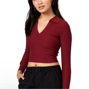 Cozi Burgundy Ribbed Collared Long Sleeve Top Women  Medium Preppy Dark Romantic